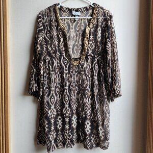 Bali Club Brown/Cream Native Tropical Print Tunic Size Medium